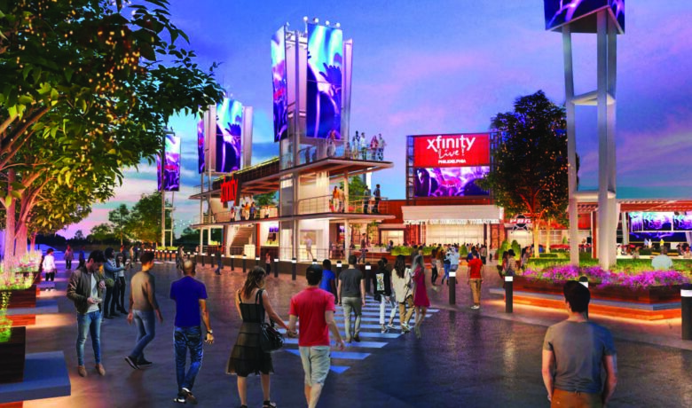 Renderings of street entrance of Xfinity Live! Philadelphia.