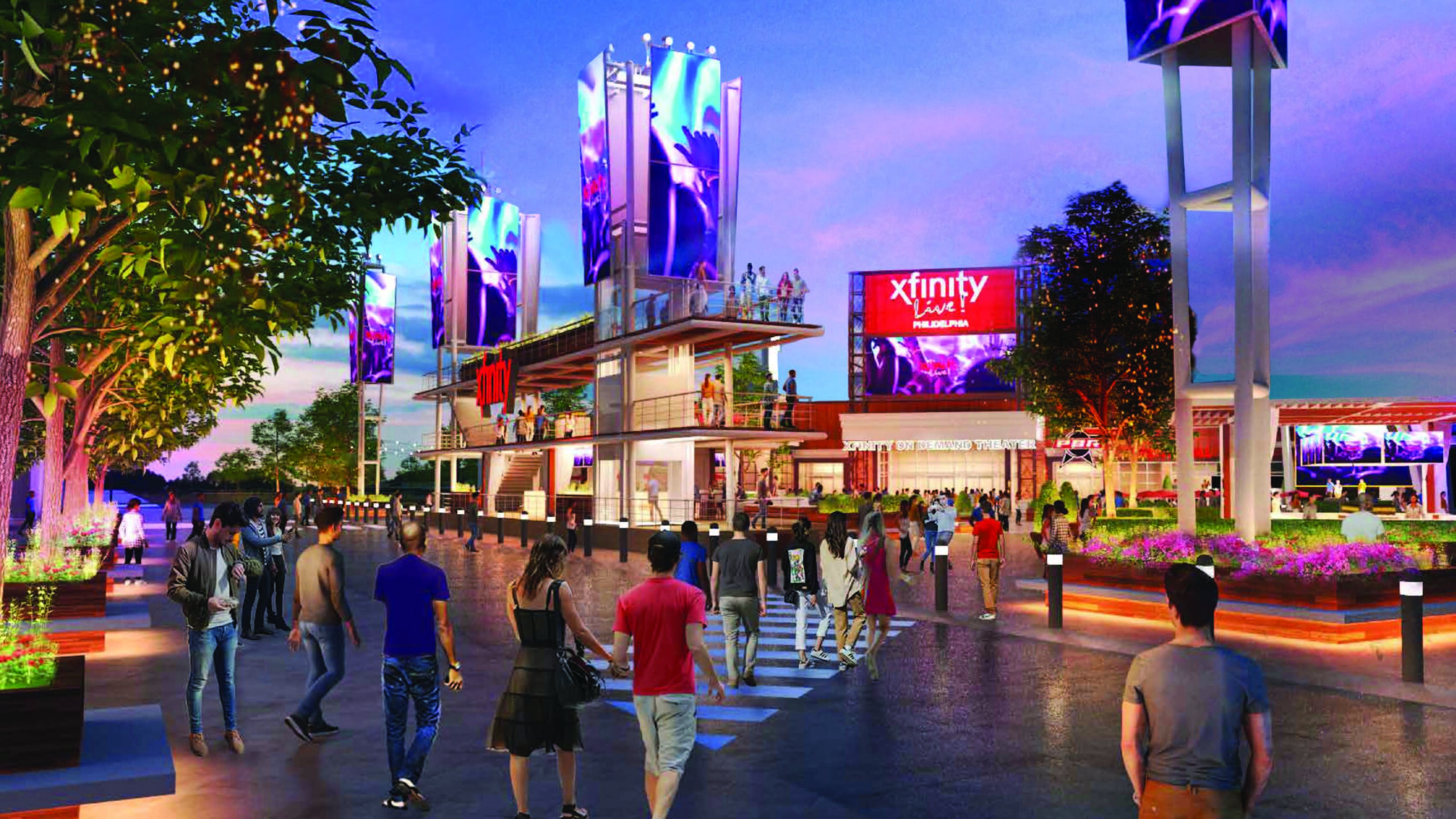 Renderings of street entrance of Xfinity Live! Philadelphia.