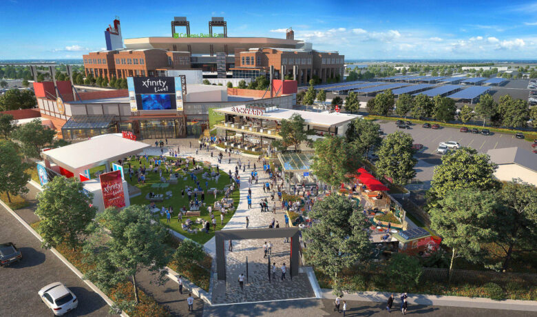 Rendering of an aerial view of the proposed Xfinity Live! expansion