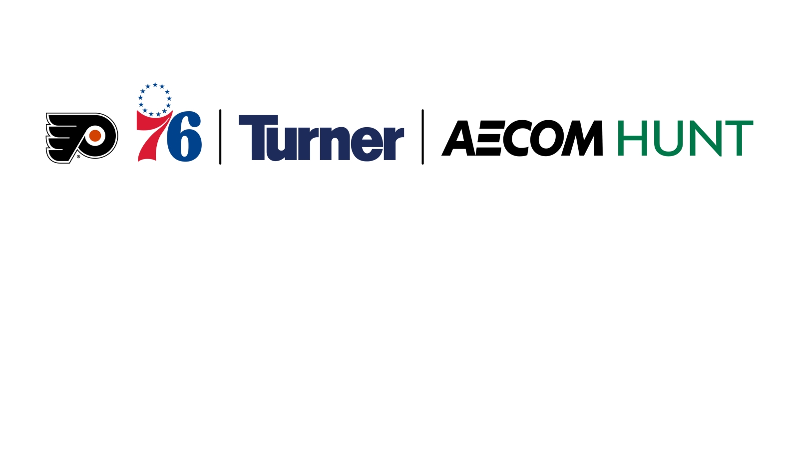 Logos for the Philadelphia Flyers, Philadelphia 76ers, Turner, AECOM Hunt