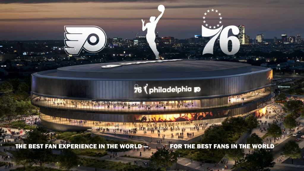 Rendering of a sports arena featuring curved glass and glowing lights. A sign with the logos of the Sixers, WNBA, and Flyers adorns the outer curve near the roof.